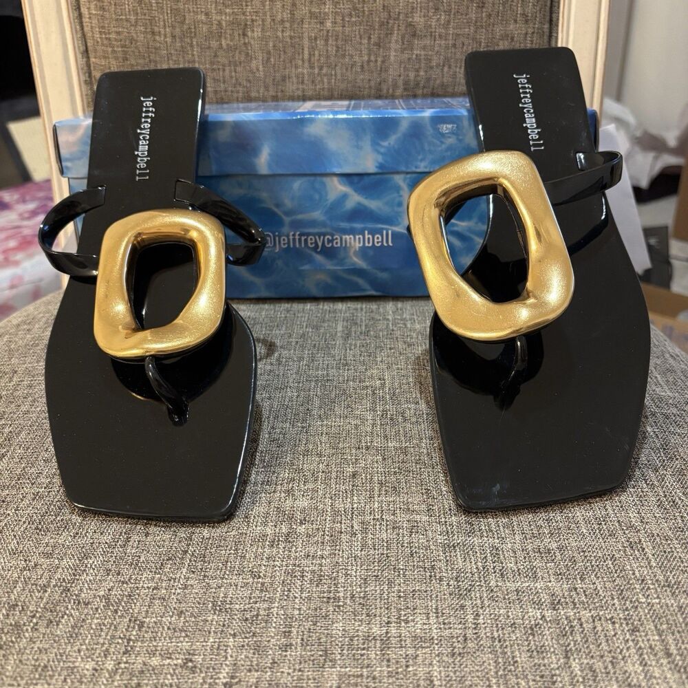 Jeffrey Campbell Women's Linques Black Gold Thong Jelly Sandals Sz 9